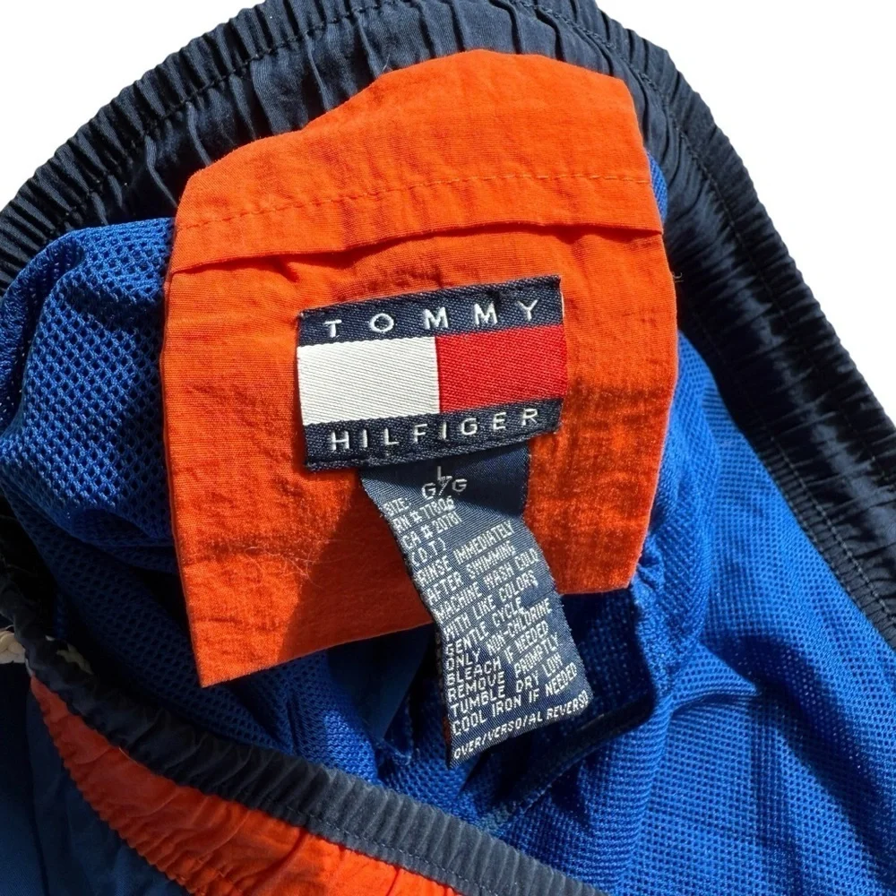 VINTAGE! 90’s Tommy Hilfiger 5” Men's Swim Trunks Blue & Orange Spell Out Logo
